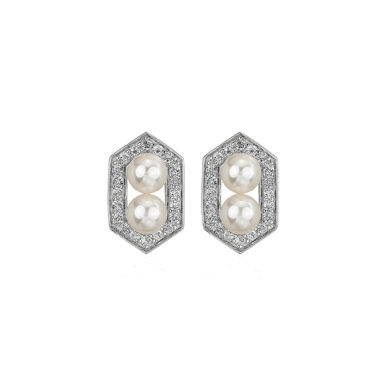 Freshwater Cultured Pearl and White Topaz Hexagon Halo Earrings in Sterling Silver (5-6mm) Freshwater Cultured Pearl and White Topaz Hexagon Halo Earrings in Sterling Silver (5-6mm)