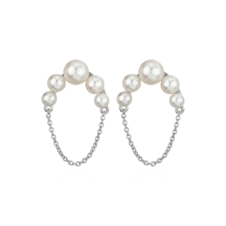 Graduated Freshwater Pearl Stud Earring with Half-Circle Chain in Sterling Silver