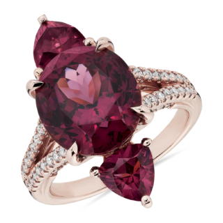 Three Stone Rhodolite Garnet Ring in 18k Rose Gold