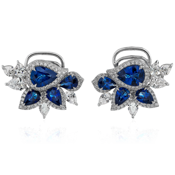 Pear Shape Sapphire and Diamond Cluster Earrings in 18k White Gold (5.12 ct.tw.)