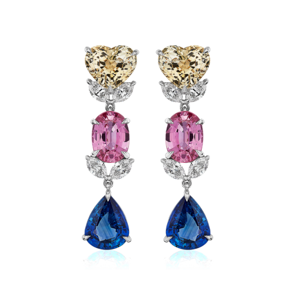 Fancy Shape Multicolor Sapphire and Diamond Drop Earrings in 18k White Gold