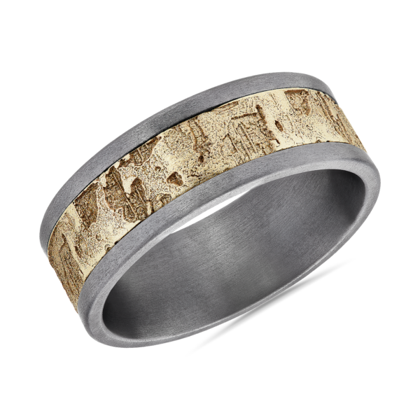 Textured Center Wedding Ring in 14k Yellow Gold with Tantalum Edges (8mm)