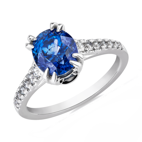 Talon Prong Oval Blue Sapphire Ring in 18k White Gold
