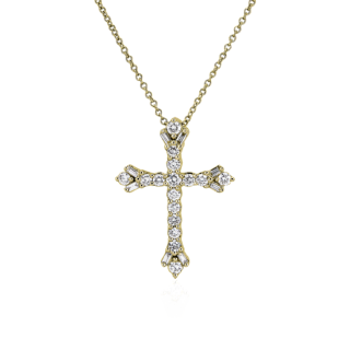 Baguette and Round Diamond Cross Pendant in 14k Yellow Gold (1/4 ct. tw.)