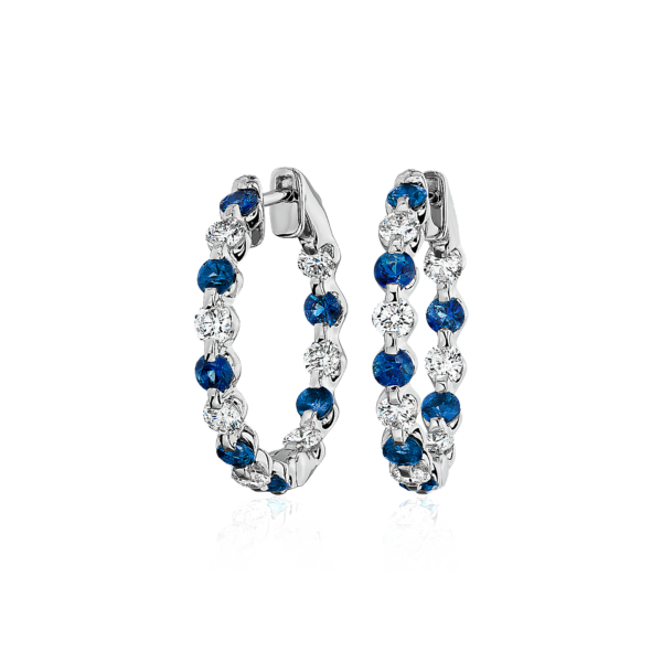 Floating Sapphire and Diamond Hoop Earrings in 14k White Gold