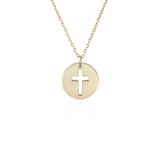 18" Mini Disk Cross Necklace in 14k Yellow Gold (1 mm)