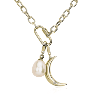 Link Necklace with Carabiner Lock and Baroque Freshwater Pearl & Moon Charm in 14k Italian Yellow Gold