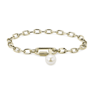 14k Italian Yellow Gold Link Bracelet with Carabiner Lock and Freshwater Pearl Charm