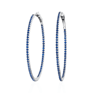 Blue Sapphire Hoop Earring in 14k White Gold