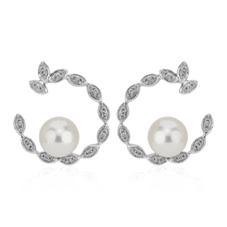 White Freshwater Pearl Fashion Earrings with Diamond Detail in 14k White Gold (7.5-8mm)