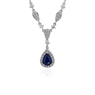 Pear Shape Sapphire and Round Diamond Necklace in 14k White Gold (7x5 mm)