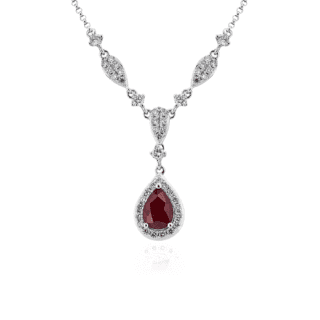 Pear Shape Ruby and Round Diamond Necklace in 14k White Gold (7x5mm)