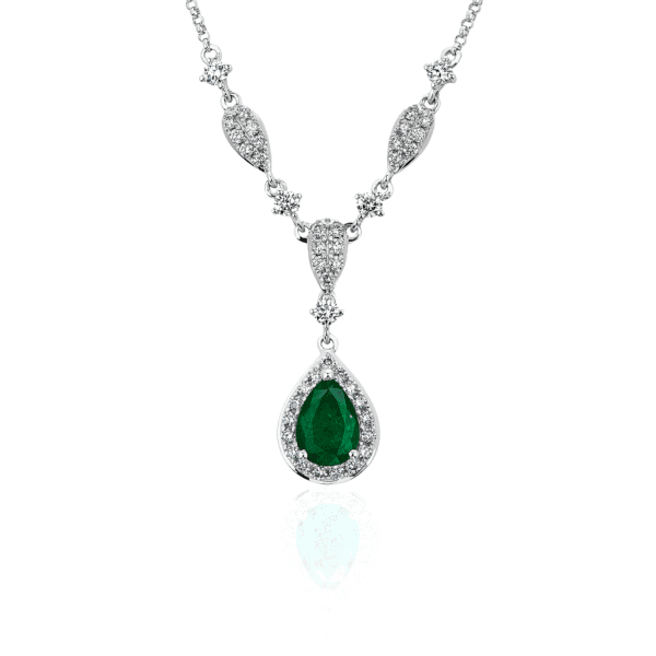 Pear Shape Emerald and Round Diamond Necklace in 14k White Gold (7x5mm)