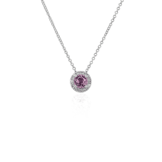 Pink Sapphire and Diamond Halo Pendant in 14k White Gold (5mm)