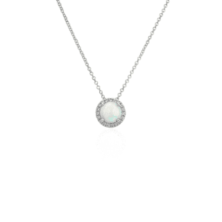 Opal and Diamond Halo Pendant in 14k White Gold (7mm)