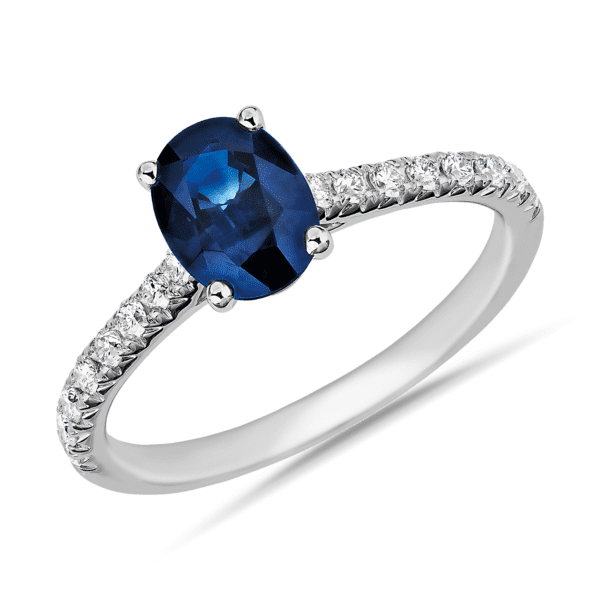 Oval Sapphire French Pavé Ring in 14k White Gold (8x6mm)