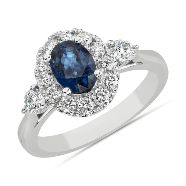 Oval Sapphire 3 Stone Halo Ring in 14k White Gold (7x5mm)