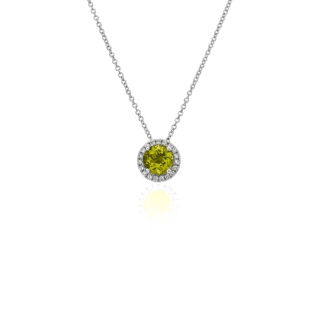 Peridot and Diamond Halo Pendant in 14k White Gold (7mm)