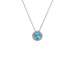 Round Halo Blue Topaz Pendant in 14k White Gold (7mm)