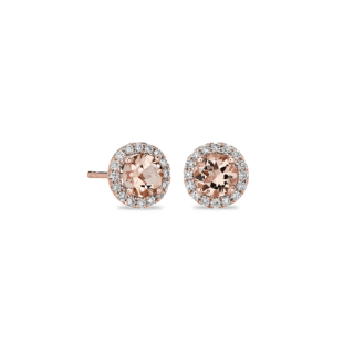 Morganite and Micropavé Diamond Halo Earrings in 14k Rose Gold
