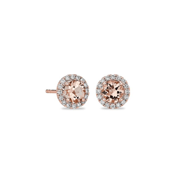 Morganite and Micropavé Diamond Halo Earrings in 14k Rose Gold
