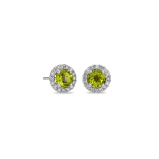 Peridot and Micropavé Diamond Halo Earrings in 14k White Gold