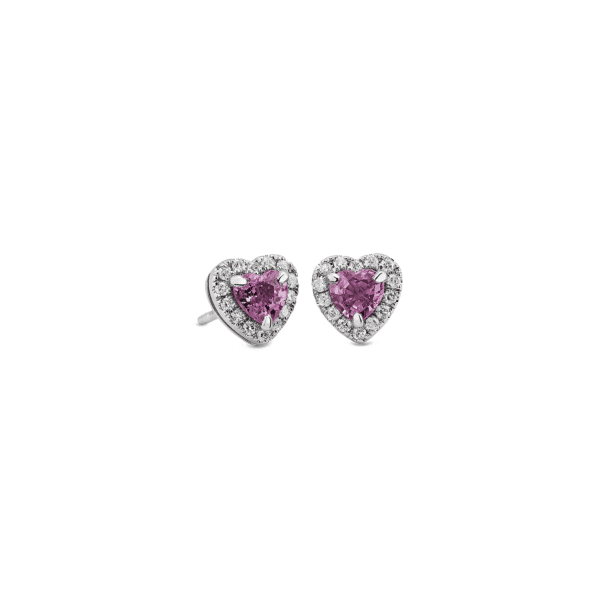 Pink Sapphire Heart Earrings with Diamond Halo in 14k White Gold