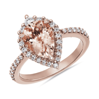 Pear Shaped Morganite with Diamond Halo Ring in 14k Rose Gold