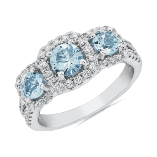 Round Aquamarine and Diamond Ring in 14k White Gold