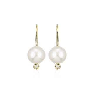 White Freshwater Pearl Drop Earrings with Diamonds in 14k Yellow Gold