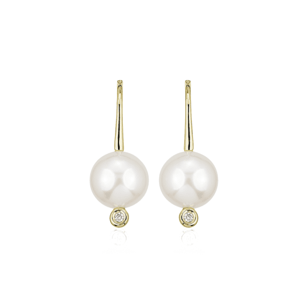 White Freshwater Pearl Drop Earrings with Diamonds in 14k Yellow Gold