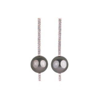 Tahitian Pearl Diamond Drop Earrings in 14k Rose Gold (8-9mm)