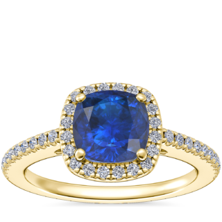 Classic Halo Diamond Engagement Ring with Cushion Sapphire in 14k Yellow Gold (6mm)