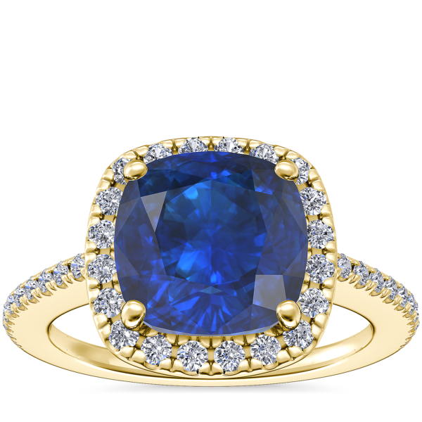 Classic Halo Diamond Engagement Ring with Cushion Sapphire in 14k Yellow Gold (8mm)