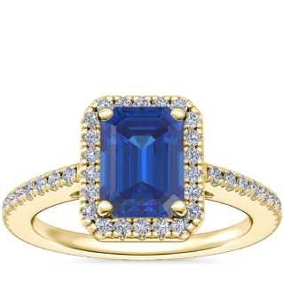 Classic Halo Diamond Engagement Ring with Emerald-Cut Sapphire in 14k Yellow Gold (7x5mm)
