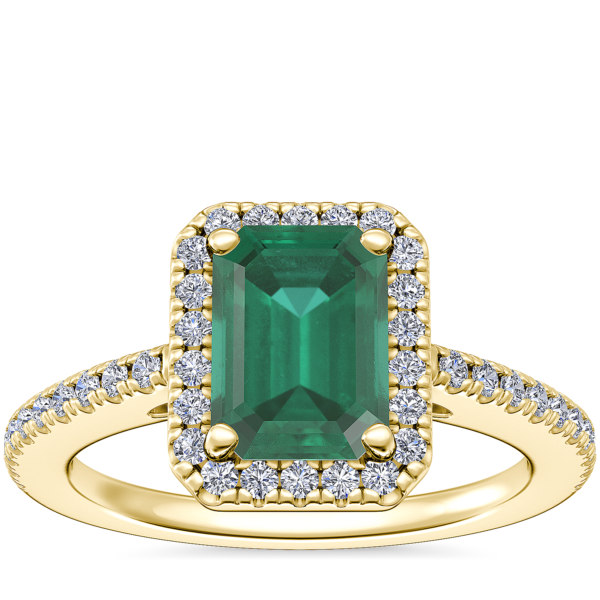Classic Halo Diamond Engagement Ring with Emerald-Cut Emerald in 14k Yellow Gold (7x5mm)