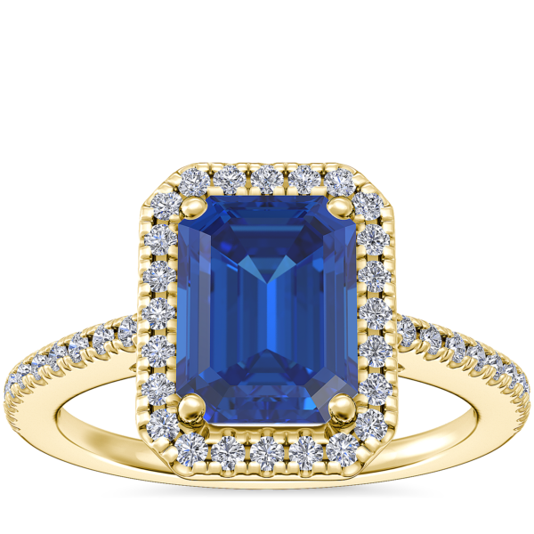Classic Halo Diamond Engagement Ring with Emerald-Cut Sapphire in 14k Yellow Gold (8x6mm)
