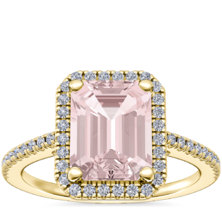 Classic Halo Diamond Engagement Ring with Emerald-Cut Morganite in 14k Yellow Gold (9x7mm)
