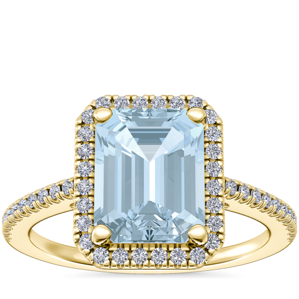 Classic Halo Diamond Engagement Ring with Emerald-Cut Aquamarine in 14k Yellow Gold (9x7mm)