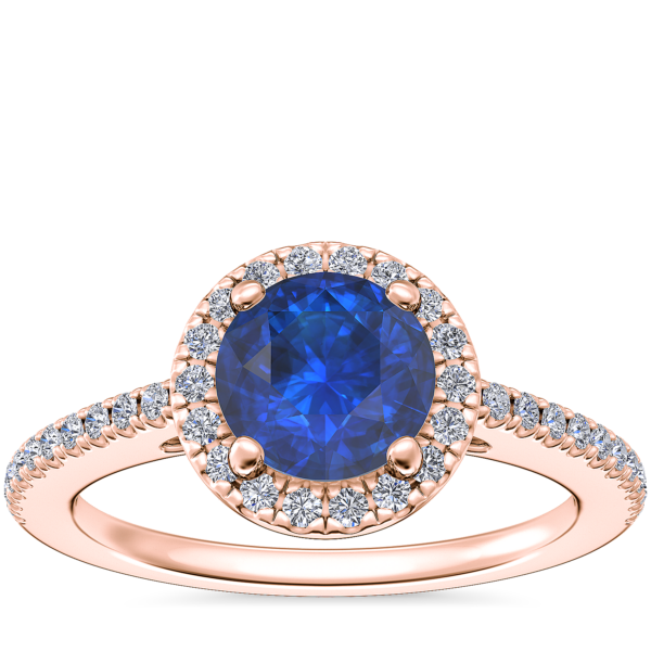 Classic Halo Diamond Engagement Ring with Round Sapphire in 14k Rose Gold (6mm)