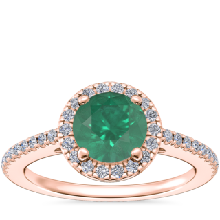 Classic Halo Diamond Engagement Ring with Round Emerald in 14k Rose Gold (6.5mm)