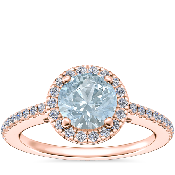 Classic Halo Diamond Engagement Ring with Round Aquamarine in 14k Rose Gold (6.5mm)