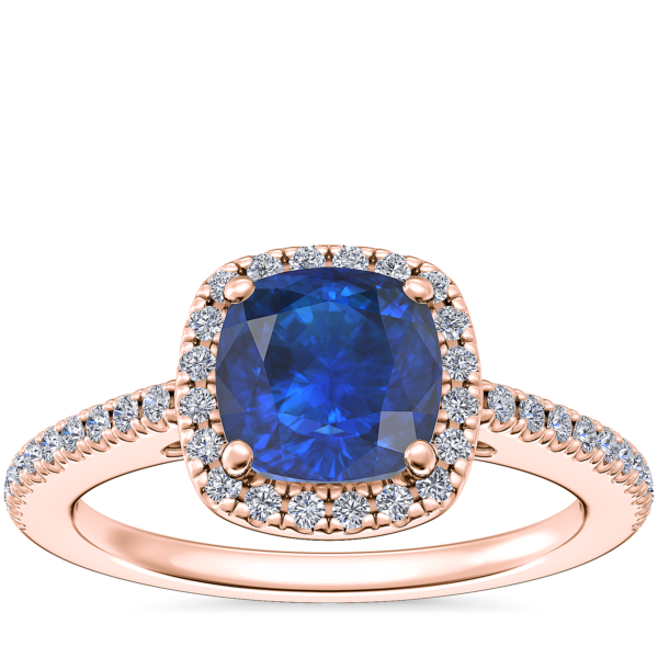 Classic Halo Diamond Engagement Ring with Cushion Sapphire in 14k Rose Gold (6mm)