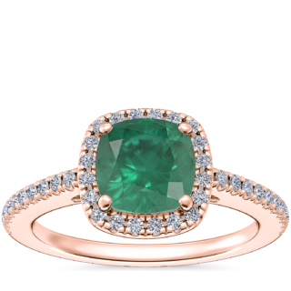 Classic Halo Diamond Engagement Ring with Cushion Emerald in 14k Rose Gold (6.5mm)