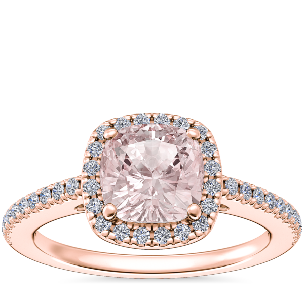Classic Halo Diamond Engagement Ring with Cushion Morganite in 14k Rose Gold (6.5mm)
