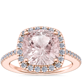 Classic Halo Diamond Engagement Ring with Cushion Morganite in 14k Rose Gold (8mm)
