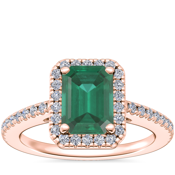 Classic Halo Diamond Engagement Ring with Emerald-Cut Emerald in 14k Rose Gold (7x5mm)