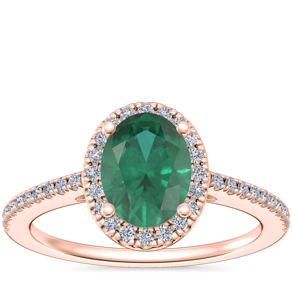 Classic Halo Diamond Engagement Ring with Oval Emerald in 14k Rose Gold (8x6mm)