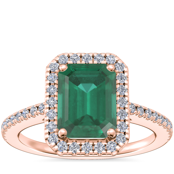 Classic Halo Diamond Engagement Ring with Emerald-Cut Emerald in 14k Rose Gold (8x6mm)