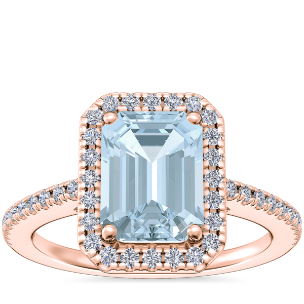 Classic Halo Diamond Engagement Ring with Emerald-Cut Aquamarine in 14k Rose Gold (8x6mm)